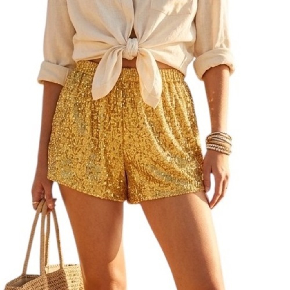 Fantastic Fawn Womens Gold Sequin High Waisted Elastic Shorts Glam Chic Small